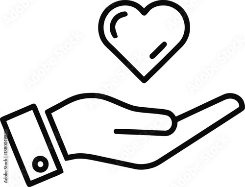 Heart in open hand vector line art icon illustration in black color, for charity, giving, love, and care concepts