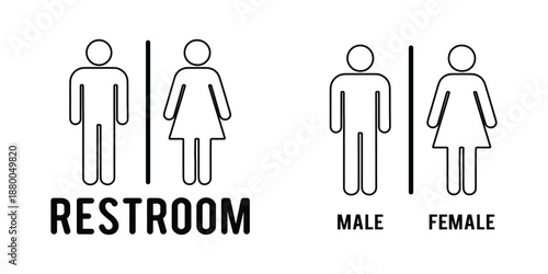 Restroom Symbol Icon for Male and Female. Restroom Signage Collection. male and female gender icons separated by vertical line, shown in solid and outline styles, symbolizing people and gender. 