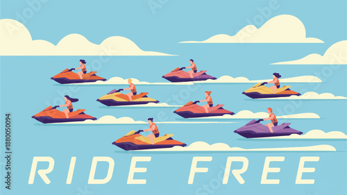 women riding jet skis on water with blue sky and clouds