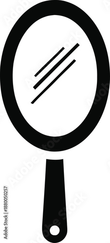 Handheld oval mirror with reflection vector icon illustration in black color, for beauty, grooming, and personal care