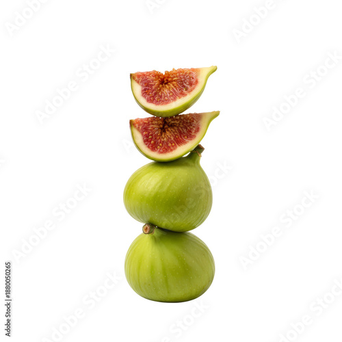 Stack of Fresh Green Figs with Sliced Halves on White Background