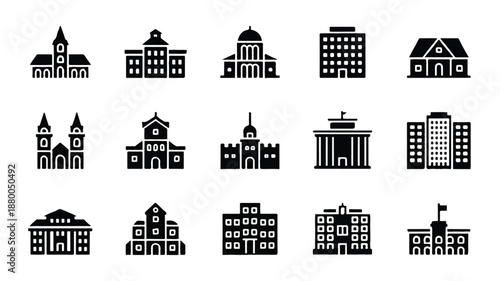 black and white icons of various buildings and structures