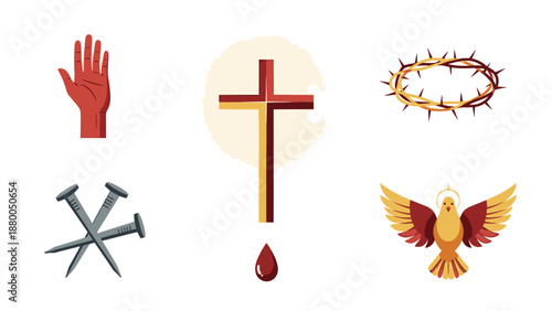 Red hand palm cross thorns nails dove religious symbols crown of thorns