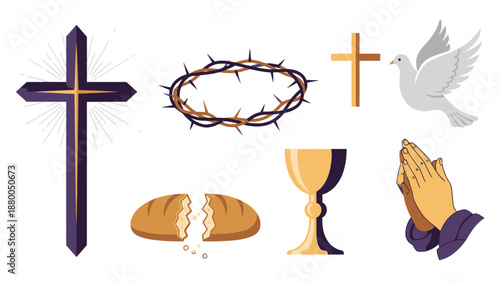 Religious symbols and including cross, crown of thorns, dove, bread, chalice, praying hands