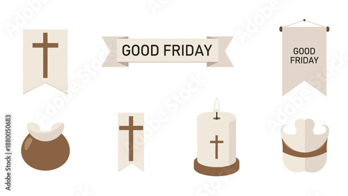 Set of Good Friday religious symbols and cross candle