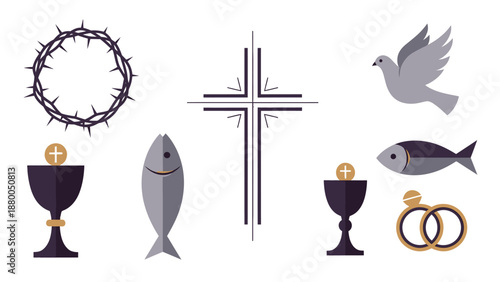 Christian Symbols Including Cross Crown of Thorns Fish and Chalice dove