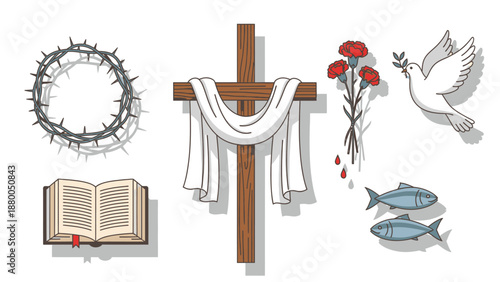 Christian Symbols Featuring Cross Crown of Thorns Book Fish Dove and Roses white cloth