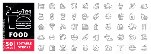 Food and beverage icons set. editable line icons, outline, culinary vector symbols