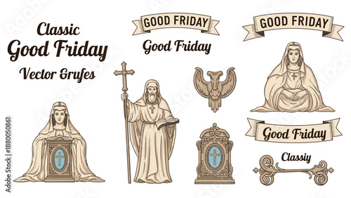 Classic Good Friday with religious symbols and text banners cross robe