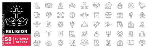 Religion icons set. editable line icons, linear, worship and faith symbols
