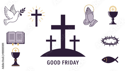 Good Friday religious symbols with crosses and dove prayer