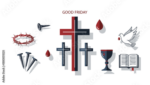 Good Friday religious symbols with crosses nails and crown of thorns