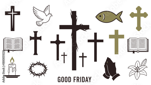 Good Friday symbols and on white background religious symbols crosses