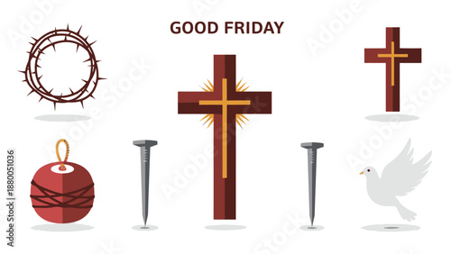 Good Friday Symbols Including Cross Crown of Thorns Nails and Dove