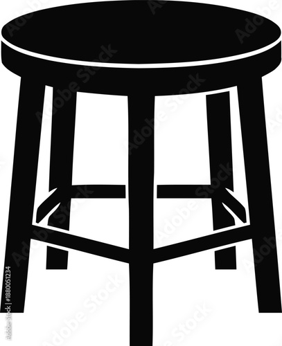 Traditional wooden three legged stool vector icon silhouette furniture design for seating object black and white graphic