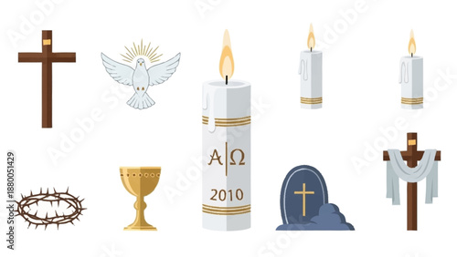Christian symbols and religious with crosses, candles, and a dove religion