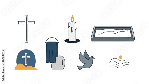 Christian symbols and with cross, candle, dove, and water