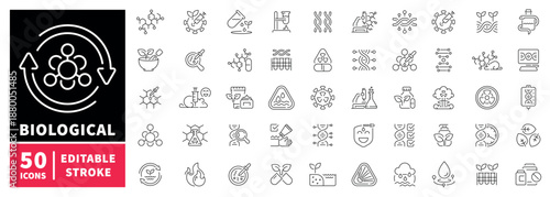 Biological icons set. editable line icons, outline, scientific and molecular symbols