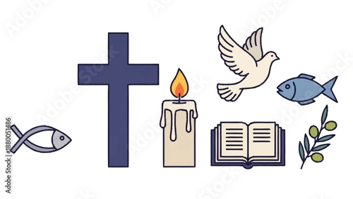 Christian Symbols Including Cross Candle Dove Fish Book Olive Branch