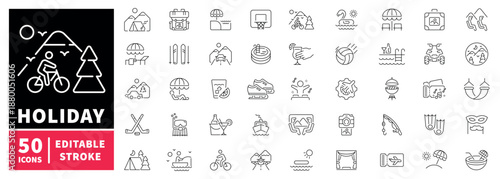 Holiday icons set. editable line icons, outline travel, vacation symbols