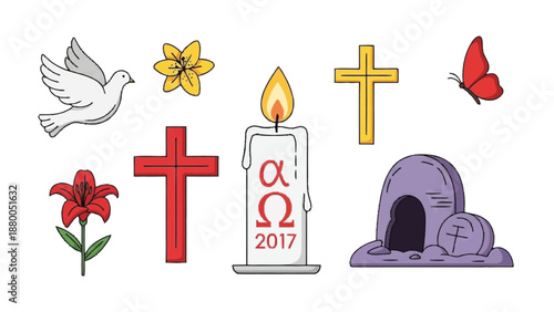 Colorful religious symbols and including crosses, flowers, dove, candle, and tomb