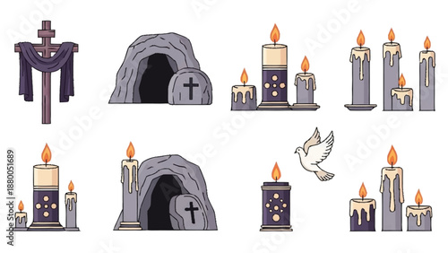 Easter religious symbols with purple candles and a dove