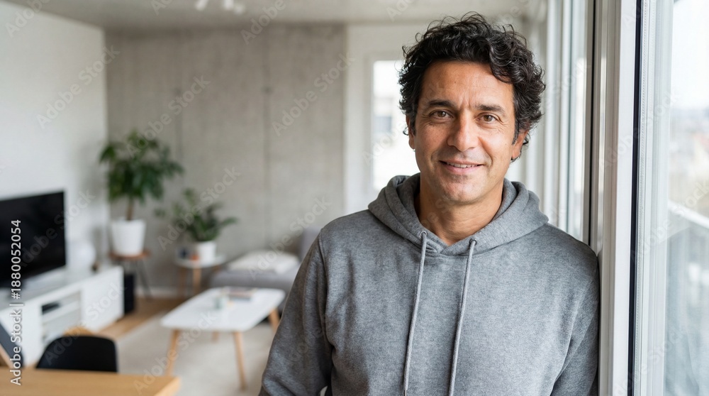 Fototapeta premium Smiling Man in Grey Hoodie Posing Confidently in Modern Home Living Room