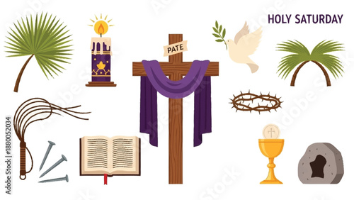 Holy Saturday religious symbols with cross palm branches and dove
