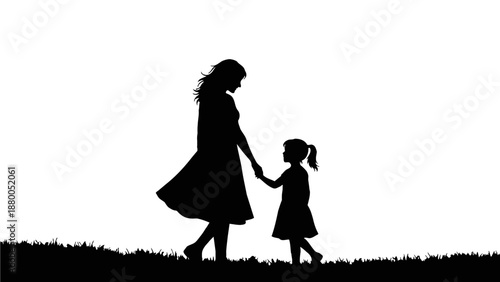 Silhouette of mother and daughter walking hand in hand isolated on transparent background, Vector