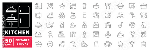 Kitchen essentials icons set. editable line, cooking, culinary tools collection