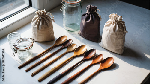 Wooden spoons and cloth bags on a marble kitchen countertop near a window