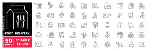 Food delivery icons set. editable line icons, outline, shipping and culinary symbols