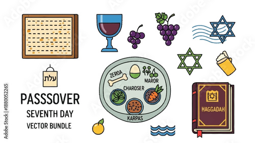 Passover seventh day with matzah wine grapes haggadah and seder plate