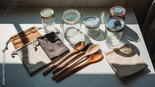 Wooden spoons and glass jars on a table with cloth bags