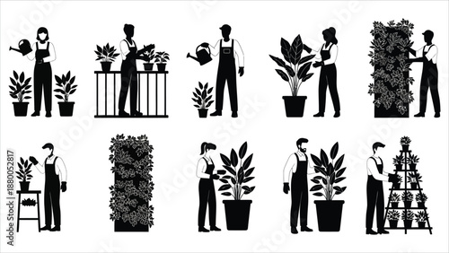 Black silhouette vector icons of people gardening, tending houseplants, and caring for vertical gardens, home greenery and urban farming concepts ..eps