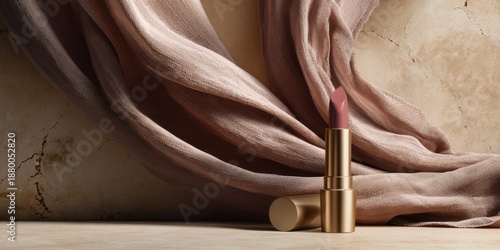 A product photo of an elegant lipstick, covered in a soft pink and beige fabric, placed against a textured background with natural lighting, capturing the essence of luxurious beauty product imagery.
