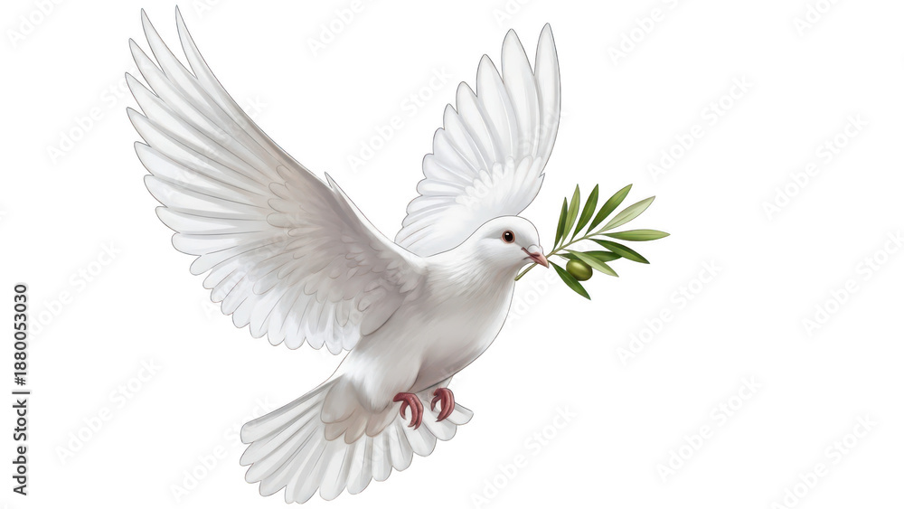 Obraz premium White dove carrying olive branch isolated on transparent background, isolated on white background, illustration