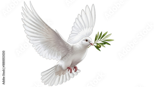 White dove carrying olive branch isolated on transparent background, isolated on white background, illustration