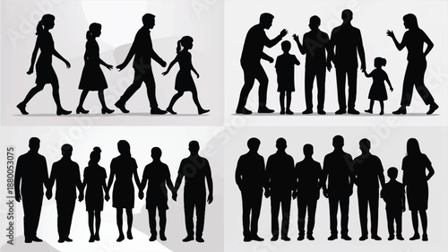 Black silhouettes of people walking and standing in groups on gray background