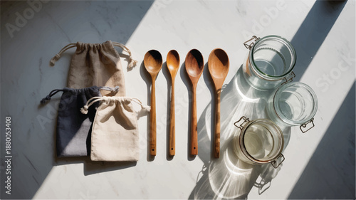 Wooden spoons and glass jars on marble countertop with cloth bags