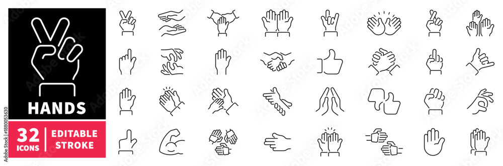 Fototapeta premium Hands icons set. editable line icons in outline, gesture, and symbol designs