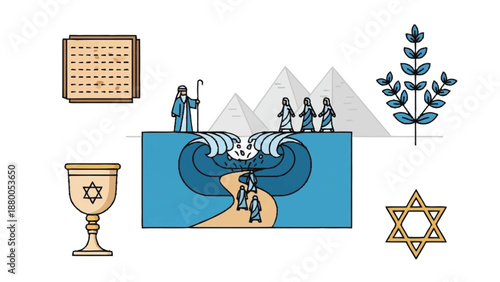 Biblical of Moses Parting the Red Sea with Symbols and water