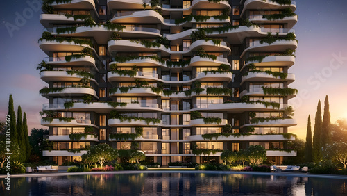 Modern multistory residential building with balconies and greenery at dusk near a serene pool