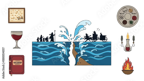 Of Passover Story with Wine Glass, Book, and Seder Plate Haggadah