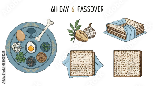 Passover Seder plate with matzah and symbolic foods bone