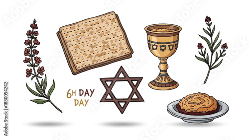 Passover Seder plate with matzah wine and flowers wine goblet Star of David