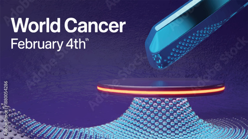 World Cancer Day awareness campaign with glowing blue medical technology and purple background