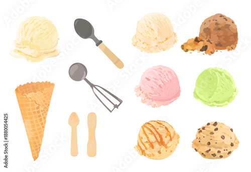 Set of tasty vector ice cream scoop with different topping, waffle, stick and ice cream spoon. Cute ice cream shop illustration set. Summer sweets desserts isolated on white.