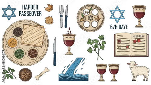 Passover Seder plate with traditional and symbols matzah maror