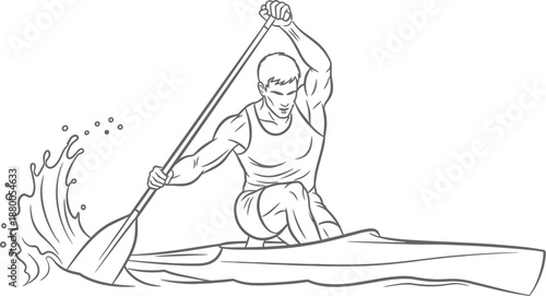 Muscular male athlete vigorously paddling a racing kayak during a water sport competition demonstrating intense physical exertion and powerful stroke technique while generating significant splash.